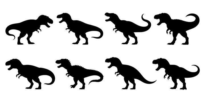 Dinosaur Silhouettes on White Background, Vector-Style Icons with Multiple Prehistoric Species in Black