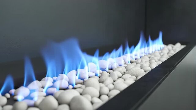 Fireplace with Minimalist Modern Line Design, Glowing Blue Flames Over Smooth Gray Pebbles Inside a Dark Metal Frame