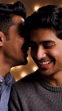 Gay couple sharing intimate whisper in close emotional moment, expressing trust, attraction, romantic connection. Tender interaction, soft mood, relationship, private communication, human bonding