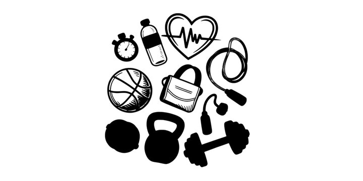 Fitness Equipment and Health Icons Arranged in a Circular Pattern Featuring Exercise, Workout, Dumbbell with Kettlebell and Jump Rope Elements For