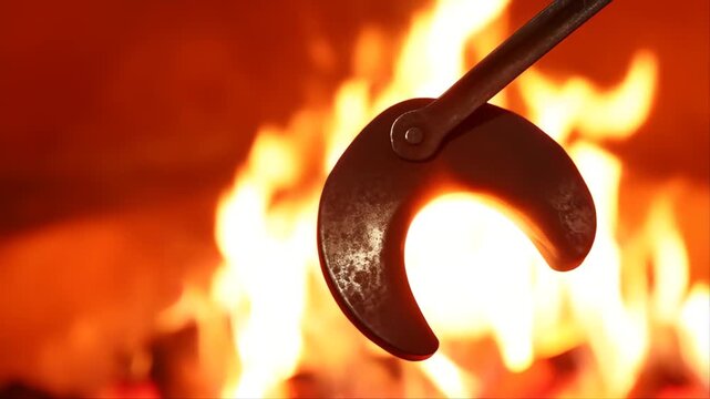 Fire Burning Brightly with a Poker in a Fireplace, Showcasing Vibrant Flames and Glowing Embers Featuring Heat, Warmth, Cozy with Macro Shot