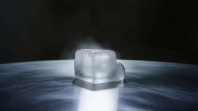 Ice Cube Melting with Steam Rising in a Dark Setting Featuring Cold, Frozen, Water with Evaporation and Condensation Elements for Macro Shot