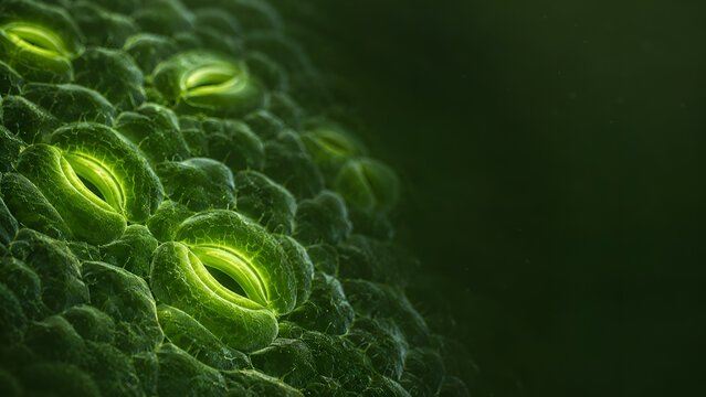 Extreme microscopic macro view of glowing plant leaf stomata cells showing organic cellular texture and gas exchange pores
