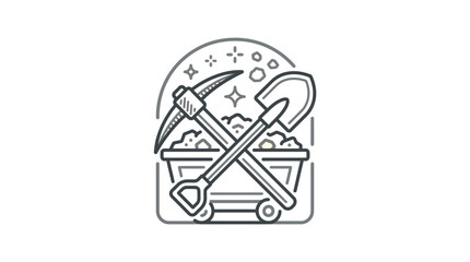 Crossed pickaxe and shovel in mining cart icon. © salma