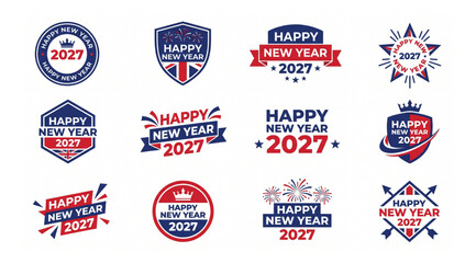 Collection of decorative happy new year 2027 labels and emblems for seasonal party invitations with celebration decorative greetings collection graphics typography illustration © Shaon
