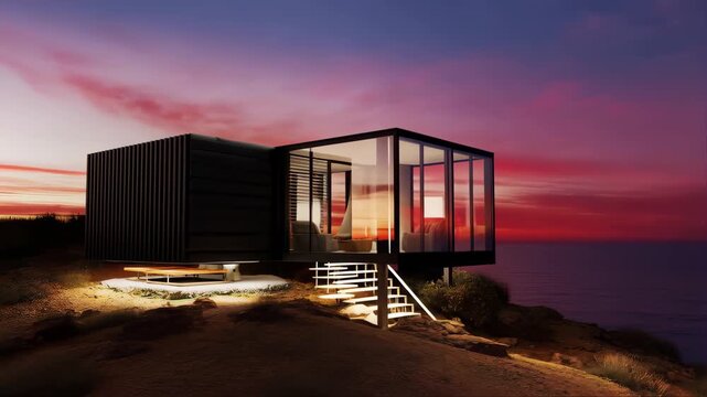 Modern Minimalist House with Glass Walls and Dark Siding, Captured From a Low Flying Drone at Dramatic Sunset Over Coastal Landscape