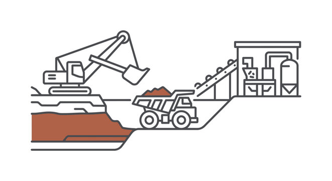 Open pit mining operation with excavator and truck.