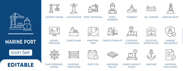 Marine Port, Cargo Shipping and Maritime Logistics Vector Icon Set - Editable Icons Collection. © Iconix Studio
