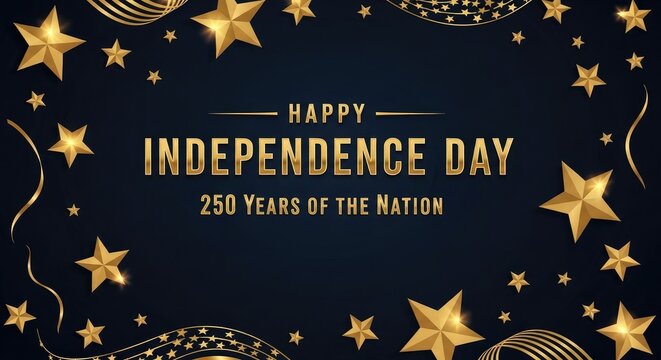 Happy Independence Day dark blue banner with gold star border and festive ribbons celebrating the 250th national anniversary