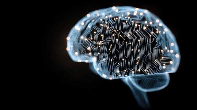 Illuminated digital circuitry patterns illuminate the abstract representation of human intellect on a dark background.