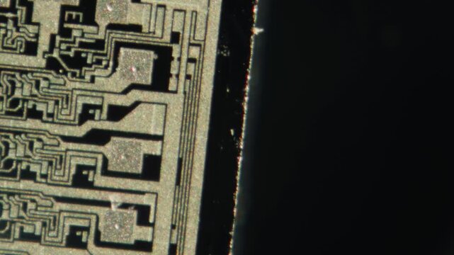 Macro Close-up Shot of Microchip, CPU Processor on Printed Circuit Board, Computer Motherboard with Components Inside of Electronic Device, Part of Supercomputer microscop.