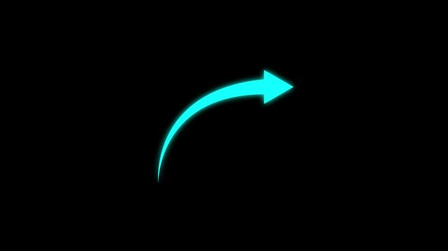 Cyan glowing arrow animation with curved motion path appearing on black background representing direction and growth in digital interface aesthetic.