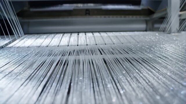Loom Weaving Thousands of Pure Silver Threads in a Mechanical Textile Workshop, Creating Fine Metallic Fabric with Intricate Patterns