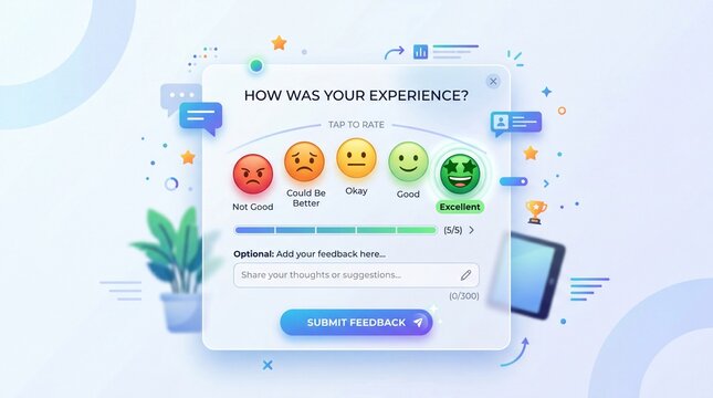 A colorful survey with rating emojis and a feedback form on a white background with graphics.