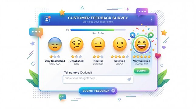 Customer feedback survey with rating emojis and satisfaction levels