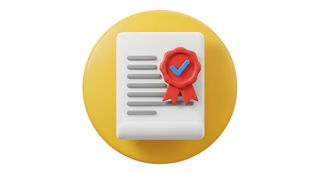 3D icon of a document with a red wax seal and blue checkmark document certificate checkmark approval verification business completed validated guarantee official contract certified