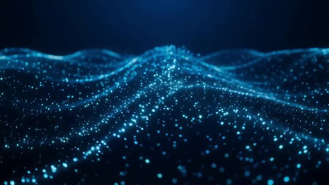 Blue glowing particles forming rhythmic ocean waves in this abstract digital motion background video animation clip