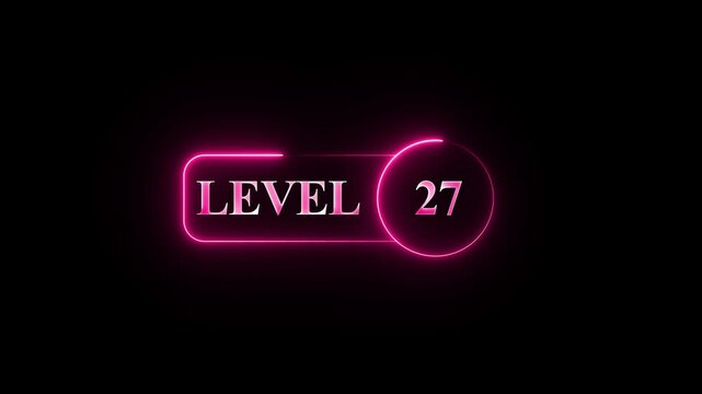 Level 27 neon glowing frame on black background motion graphic video, a vibrant and dynamic animation for gaming and achievement themes