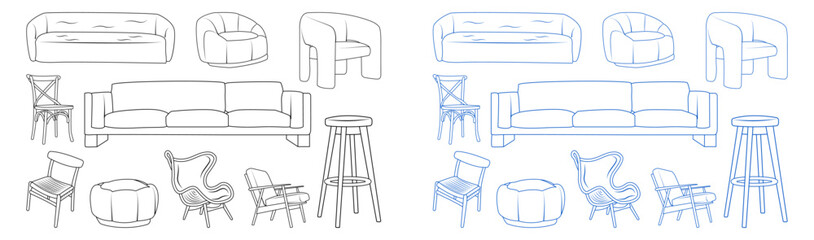 Fototapeta premium A modern minimalist living room seating set featuring a sofa, armchair, lounge chair, bar stool, and pouf in a black and blue outline style. Perfect for graphic interior design.