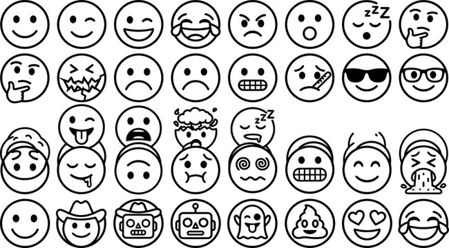 Comprehensive Minimalist Emoji Face and Emoticon Avatar Line Icon Set Featuring Characters Like Robots Ghosts Poop and Cowboys for App Interface Designs
