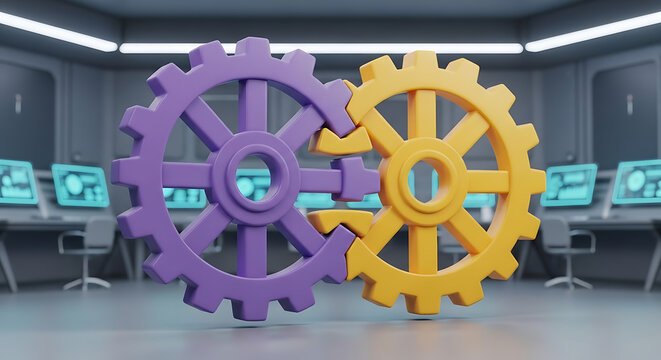Two interlocking gears representing business cooperation and process with interlocking cooperation business teamwork efficiency mechanism industrial corporate strategy technology engineering