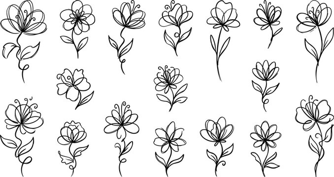 Elegant Hand Drawn Scribble Floral Icon Vector Set Featuring Abstract Minimalist Line Art Flowers for Beauty Branding Logo Designs and Wedding Stationery
