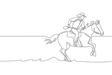 Obraz premium Cowboy riding horse in continuous line art style