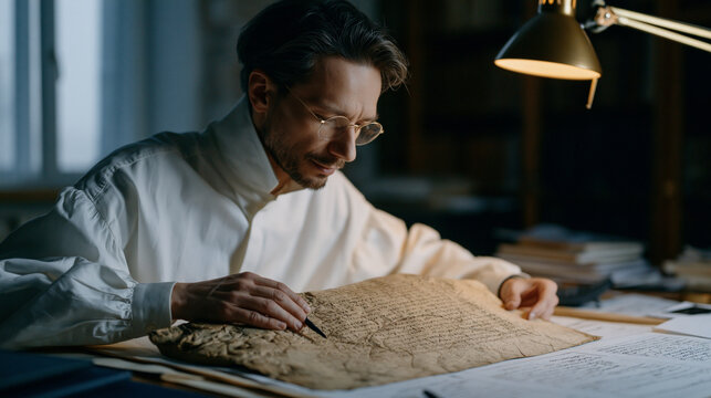 Linguist examining carved wooden artifact covered in undeciphered proto-writing marks under magnification lamp in university archive room, comparison charts of ancient scripts