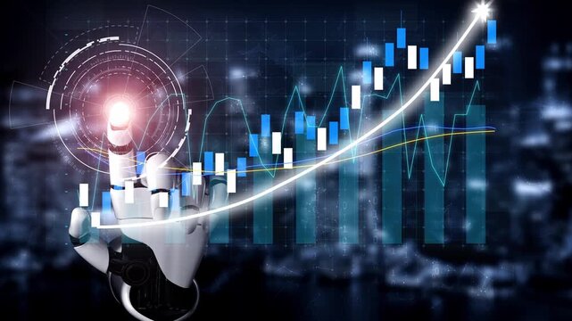 A futuristic robotic hand interacts with a digital financial chart, illustrating an upward trend in the stock market, symbolizing innovation in finance technology. Copula