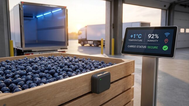 Smart cold chain logistics for fresh blueberries. IoT temperature and humidity monitoring in refrigerated transport