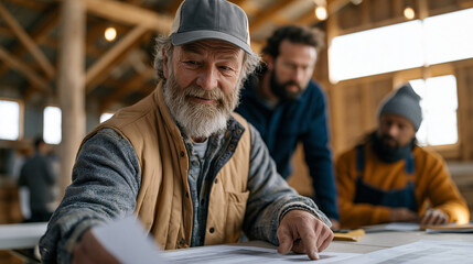 Obraz premium Rural farming community members gathered around folding tables in a sunlit barn, reviewing shared solar cooperative invoices together, elderly farmers and younger neighbors