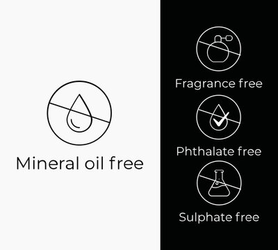 Mineral oil free product label icon set for cosmetic packaging showing fragrance, phthalate and sulphate free formula certification