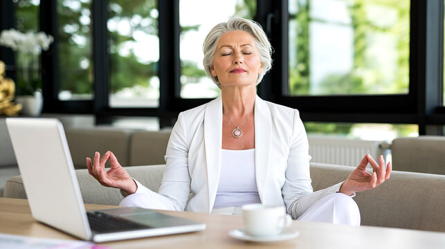 Mature woman meditating at home office with laptop, practicing mindfulness and relaxation during work break in bright modern living room