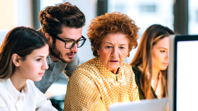 Senior woman mentoring young professionals in office, multigenerational team collaboration around computer, knowledge sharing and workplace learning concept