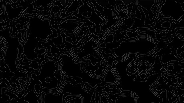 Thin, abstract white topographic contour lines continuously shifting and morphing across a solid black background, geographic cartography map layout animation video