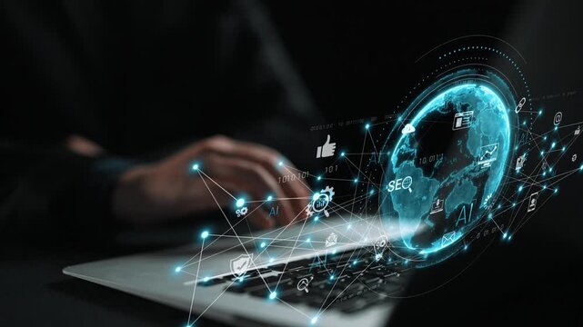 Global AI-powered digital network ecosystem connecting data, finance, analytics, ecommerce, communication, and automation across continents through technology and cloud Marrow