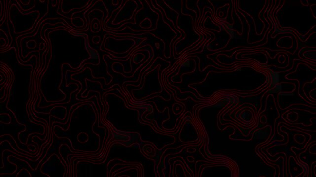 Thin, abstract red topographic contour lines continuously shifting and morphing across a solid black background, geographic cartography map layout animation video