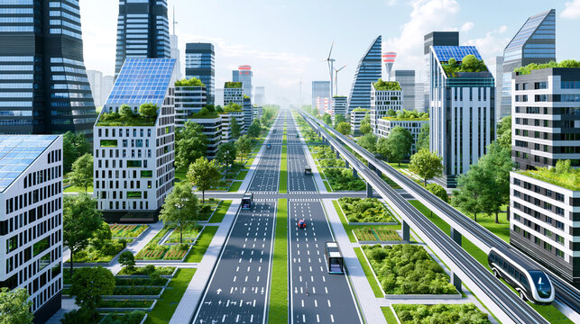 Sustainable smart city with green architecture, renewable energy and modern urban infrastructure, showcasing eco friendly transportation and future urban development
