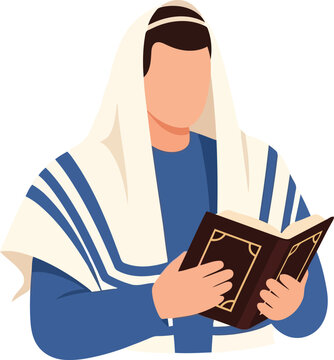 Jewish man praying, reading holy book, wearing tallit, religious devotion, faith illustration, spiritual worship, Torah study