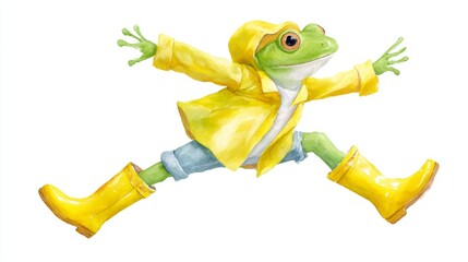 Naklejka premium Green frog leaping in yellow raincoat on white background