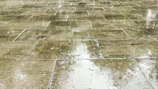 Heavy rain falls on a paved stone walkway outdoors. The wet slabs glisten as raindrops splash across the surface during a summer shower.