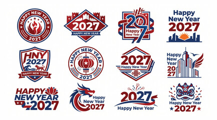 Collection of happy new year 2027 logos and festive icons for celebrations and events with celebration greetings seasonal graphics collection typography illustration invitation © Shaon