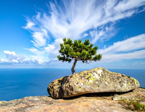 A small pine tree grows on a large boulder overlooking a vast calm sea under a blue sky with wispy clouds