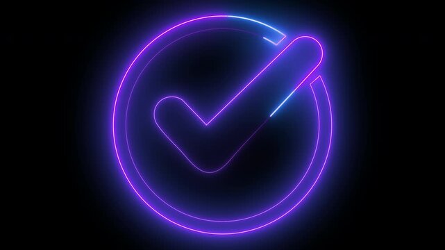 Blue neon check mark symbol in circle motion graphic with pulsing light effect.