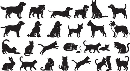 Obraz premium Pets silhouette bundle, vector isolated dog breeds, cats in various poses, and rabbit collection on white background