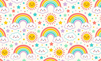 Fototapeta premium Cute Rainbow and Happy Sun Seamless Pattern with Smiling Clouds, Stars and Colorful Cartoon Background for Kids Design×4900 - 1