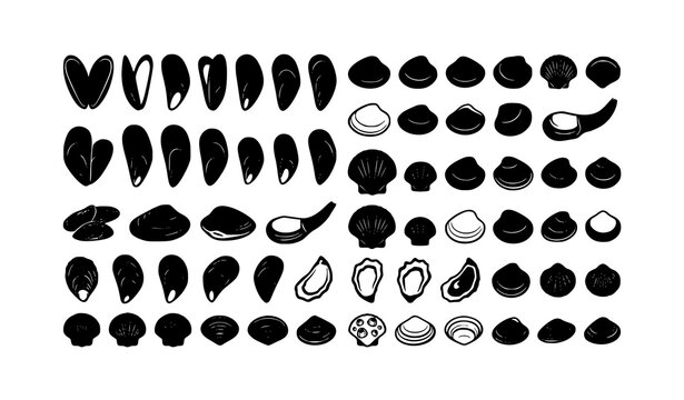 Marine Shellfish and Mussel Silhouette Set Black White Vector Illustration