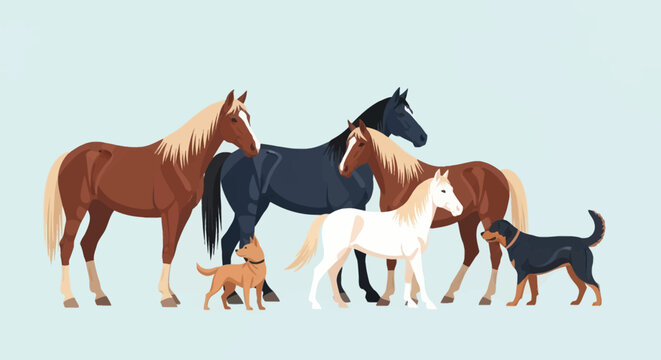 Flat vector illustration featuring a group of animals with four horses in chestnut, black, and white colors alongside two dogs of different breeds on a light blue background.