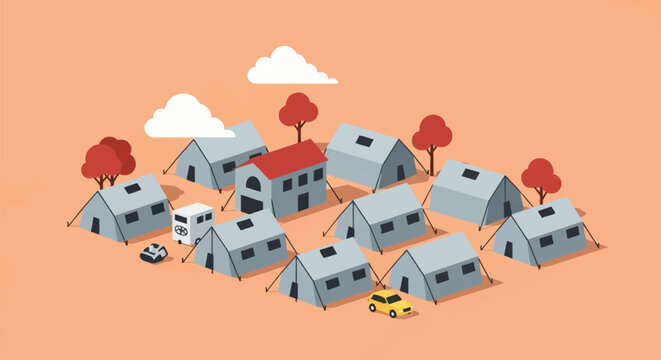 Minimalist isometric vector illustration of a refugee camp or disaster relief settlement with grey tents, a central red-roof building, stylized red trees, and small vehicles.