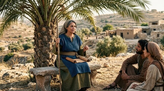 Divine message bearer: Deborah inspire, Israel judge, sacred scroll, desert vista, Judges era, ancient wisdom, prophetess guide, Lapidoph wife, Bible figure.